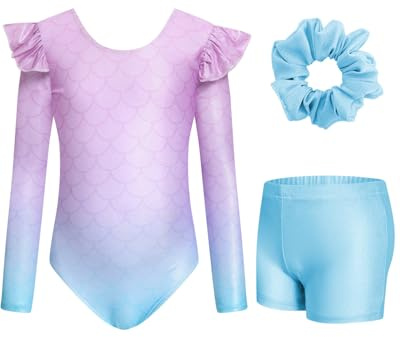 Wenlia Girls' Three-Piece Gymnastics Leotard Set, Long Sleeve Ruffle Gymnastics Leotard with Shorts and Hair Tie, Sparkling Ballet Unitards for Kids 8-9 Years