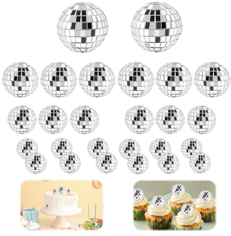 QINGYIWL 26 Pezzi Palla da Discoteca, Piccola Sfera a Specchio in Argento, Mini Disco Ball per Decorazioni di Torte, Feste, Bar e Decorazioni Festive (2/4/6/8cm)