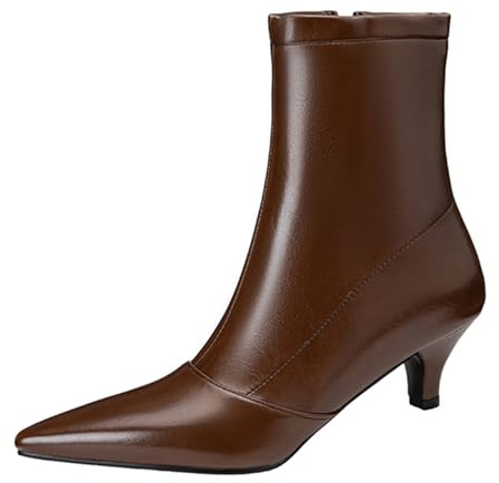 Klarmar Mujer Kitten Ankle Botines Puntiagudo Botas de Oficina Fiesta Tacón Bajo Botines Trabajo Cremallera Bridal Botas Comfy Marrón Talla 38 EU/39