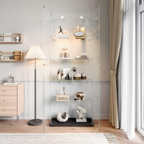 BestAlice Vetrina in vetro, armadietto da collezione con LED e lucchetto, armadietto con 2 ante, 5 ripiani, cassetta di presentazione, mobili trasparenti, per soggiorno, bar, nero