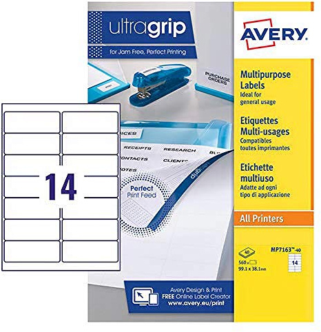 Avery Printable, Multi Purpose Labels, All Printers, 99.1 x 38.1 mm, White, 14 Labels per Sheet, 560 Blank Labels per Pack (MP7163-40)