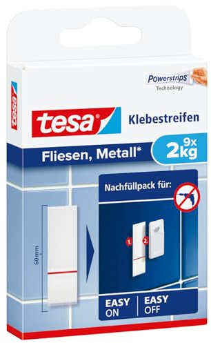 tesa Powerstrips Klebestreifen für Fliesen und Metall 2 kg - Doppelseitige Streifen für feste, glatte Flächen - Bis zu 2 kg Halteleistung pro Streifen - 9 Stück