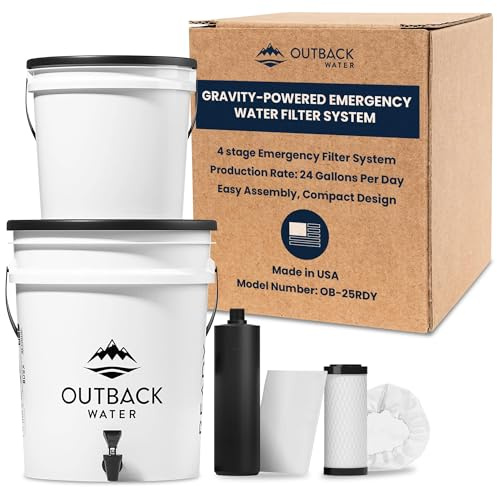 Outback Water Emergency Drinking Water Filter System - Gravity Fed Bucket Potable Water Filtration for Survival, Off-Grid, Disaster Preparedness, Travel, Camping, Bug Out Kit, Up to 24 Gallons a Day