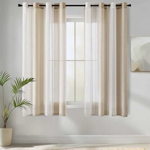 MIULEE Cortinas Salon Modernas con Rayas Blanco y Beige, Bonitas Cortinas Dormitorio Juvenil con Ojales, Translucidas Visillos Cortos para Ventanas Habitacion, Visillos Salón 2 Piezas, 2X A140xL160CM