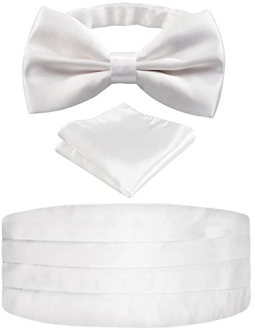 Alizeal Mens Solid Pre-tied Party Adjustable Bow Tie, Cummerbund and Pocket Square Gift Set, White