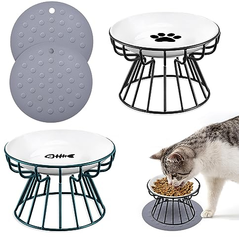 Surmounty Katzennapf Erhöht - 2Pcs Futternapf Katze aus Keramik mit Napfunterlage Silikon,Erhöhter Futternapf für Katzen mit Metallständer, Katzennäpfe für Futter Wasser