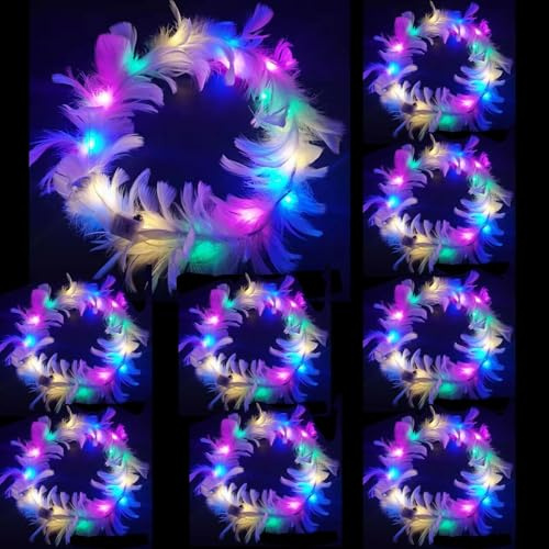 10 Pcs LED Feather Headbands, LED Flower Crown Headband, Light up Flower Head Garland Luminous Party Hair Accessories Flower Crowns Fairy Lights for Lighted Party, Wedding Rainbow Head Band
