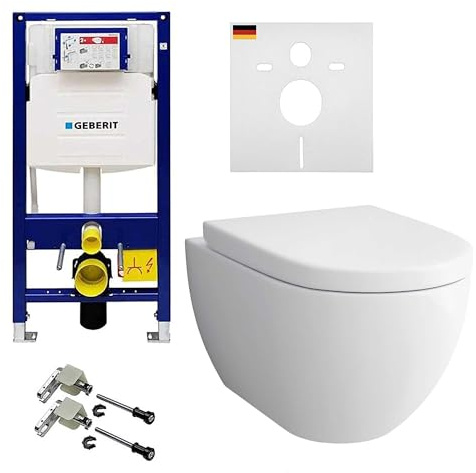 Alpenberger WC bidet moderne | WC mural sans bord avec couvercle de WC | Ensemble de salle de bain avec réservoir de chasse Geberit et kit de montage | Élément mural complet avec isolation acoustique