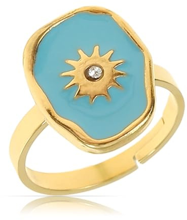 Made by Nami Goldener Boho Edelstahl Ring mit türkisem Edelstein mit Sonne im Zentrum goldumrandet Damen Schmuck Größenverstellbar & Wasserfest (Türkis)