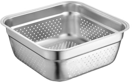 Cabilock Stainless Steel Vegetable Wash Basin 11.4 Inch Square Colander with Drainage Holes Large Capacity Kitchen Strainer for Fruits and Pasta