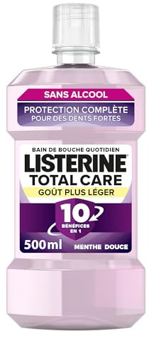 Listerine – Bain de Bouche Total Care Goût Plus Léger 0% alcool (bouteille de 500 ml) – Soin bucco-dentaire 10 bénéfices en 1 – Bain de bouche sans alcool pour une haleine fraîche durable
