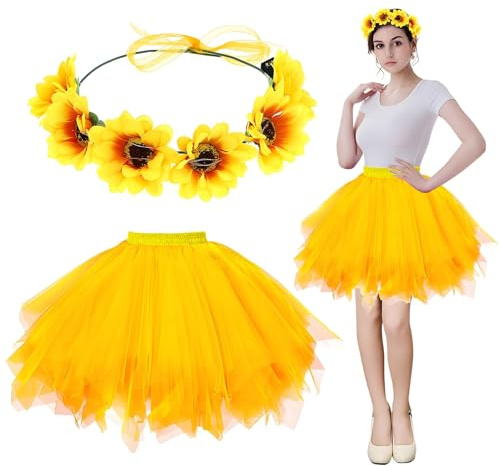 TaimeiMao Gonna in Tulle Giallo 2 Pezzi, con Cerchietto Girasole, Gonna in Tulle Girasole da Donna, Gonna Tutu Donna Gonna Corta di Tulle, Costume di Carnevale per Donna Ragazza