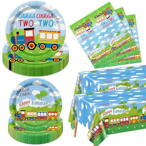 122Pcs Train 2nd Birthday Decorations, Including Paper Plates Napkins Tablecloth Chugga Chugga Two Two Birthday Party Decorations for Boys Transportation Party Supplies, Serve 40