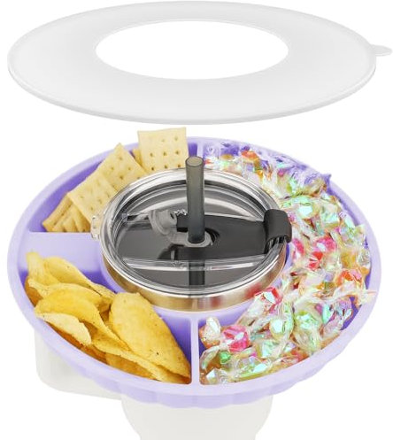 Musiwanna Bandeja de aperitivos con tapa para taza Stanley de 887 ml, solo para 850.5 g, plato de aperitivos compatible con vaso de 880.5 g, cuenco de silicona con 3 compartimentos, anillo superior de