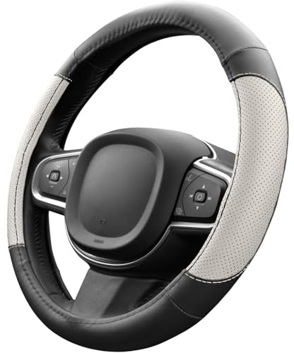 Upgrade4cars Coprivolante Auto Universale Nero Bianco in Finta Pelle | Copertura di Volante Diametro 37-38 cm | Accessori Auto Interno | Regali per Donna e Uomo