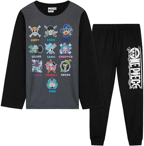 One Piece Pigiama Bambino Set, Lungo Pigiami Bambini T-Shirt e Pantaloni, Abbigliamento da Casa Set, Regalo Ragazzo (13-14 Anni, Nero)