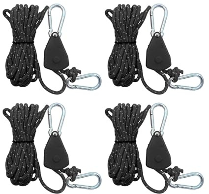 SDKZBFC 4 Pack 4 mm Reflective Tent Guy Ropes, Aluminium Locks, Black | Heavy-duty 4 mm reflective guy lines with pulleys and metal locks adjust easily for camping, hiking and backpacking.
