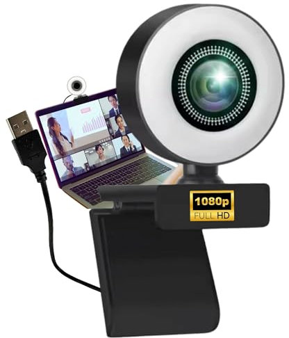 TronicXL Webcam Full HD con anillo de luz de anillo lámpara 1920 x 1080p enfoque automático I 2 micrófonos cancelación de ruido fondo I para streamer streaming videoconferencia gaming ordenador PC