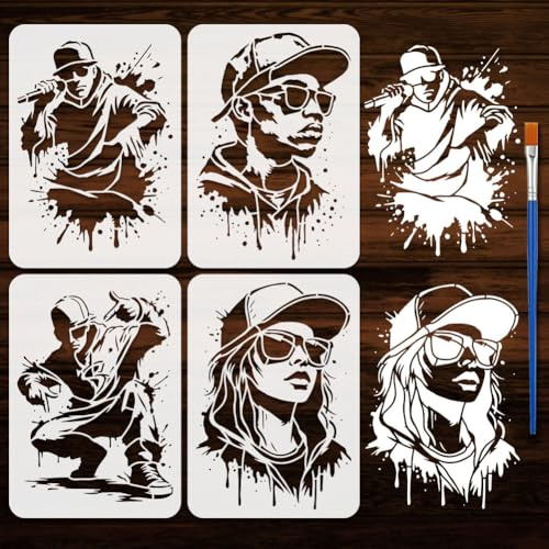 FINGERINSPIRE 4Pcs Pochoir de Peinture de Personnage de Graffiti Hip Hop Avec Pinceau 21x29.7cm 4 Styles Modèle Dessin de Personnage de Rappeur Pochoir Décor pour Peinture sur Bois Mur Tissu Meubles