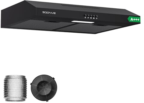Soonye Hotte Aspirante 60cm Classe A+++, Hotte Casquette 220 m³/h,Évacuation ou Recyclage,Filtre au Charbon Inclus,Hotte Cuisine,Noir