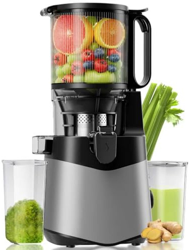 EanOruus Cold Press Juicer, 5.8 Wide Feed Chute Juice Extractor Machine with 400W, High Juice Yield, Slow Masticating Juicer for Whole Vegetables & Fruits, Light Grey