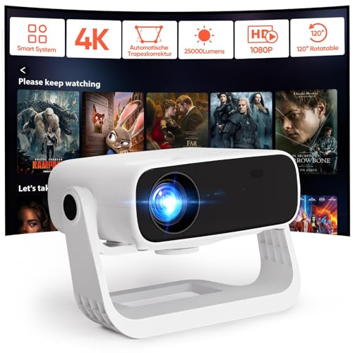 Smart Beamer25000 Lumens, Android 11，Integrierte Apps, 4D Trapezkorrektur，Heimkino 4K Beamer mit 120° drehbarem Ständer，WiFi 6 & BT 5.2,