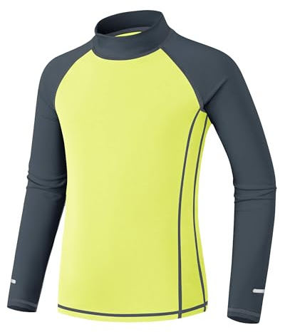 Kids Rash Vest Long Sleeve UPF 50+ Sun Protection Girls Swim Top UV Shirts Quick Dry Boys Rash Guard with Safety Reflective Stripes Lime Green 11/12 yrs