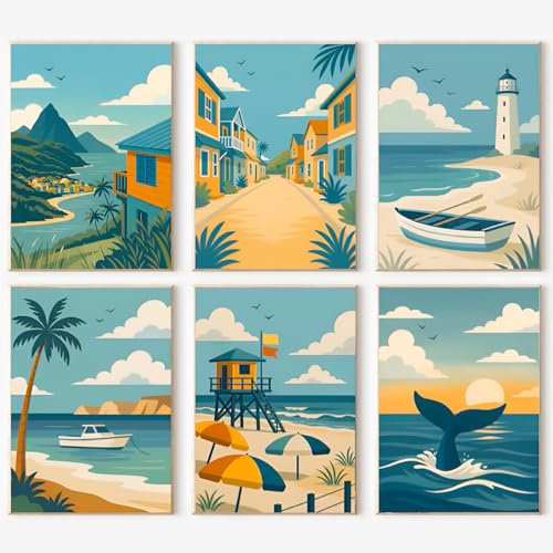 BEAYIOU 6 Pack Beach Landscape Paint by Numbers Kit for Adults Without Frame,Beach DIY Adult Painting by Number Kits on Canvas,Easy Acrylic Paint Kit Beginners for Home Decor 7.8x11.8 Inch