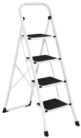 Escalera Plegable 4 Peldaños Profesional XL | Acero Reforzado Tubo Cuadrado Premium | Peldaños Extra Anchos Antideslizantes | Máxima Estabilidad para Almacén y Hogar | Altura 97cm