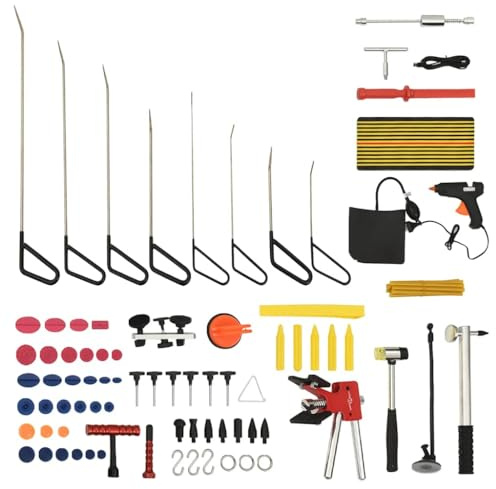Teenpull Set di 75 attrezzi per la rimozione delle ammaccature in acciaio inox con martello scorrevole da 44 cm, custodia da 111 x 18 x 19 cm, 8 leve, targhetta di fissaggio a LED, pistola per colla
