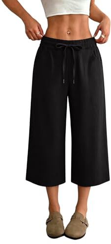 DIYIOUZHOU Womens Culottes, High Waist Wide Leg Trousers | High Waist, Wide Leg Cropped Fit, Drawstring Waist and Side Pockets for Weekend, Shopping and Holiday Wear