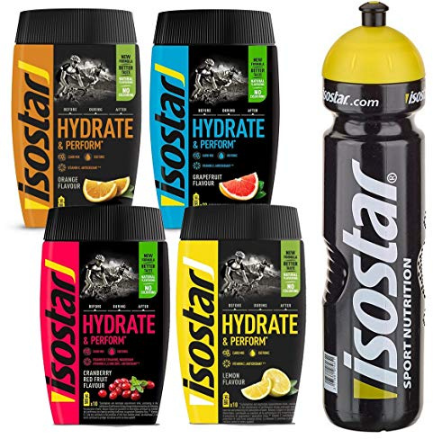 Isostar Hydrate & Perform sportdryckspulver, multifrukt (grapefrukt, citron, apelsin, tranbär), 4×400 g + 1 L sportflaska