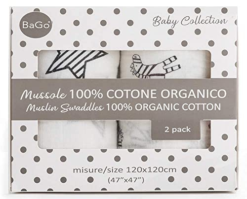 Mussole Neonato Bago® - 100% Cotone Biologico Certificato Gots - 120 X 120 - Mussola Copertina Lenzuola Culla Neonati - 2 Fantasie - Sacchetto Protettivo Da Trasporto - Regalo Bebe Per Bimba E Bimbo