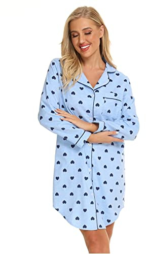 Misscoo Chemise de Nuit en Coton à Manches Longues pour Femmes,Pyjama Femme en Flanelle, Vêtements de Nuit Boutonnée Devant,Grandes Tailles