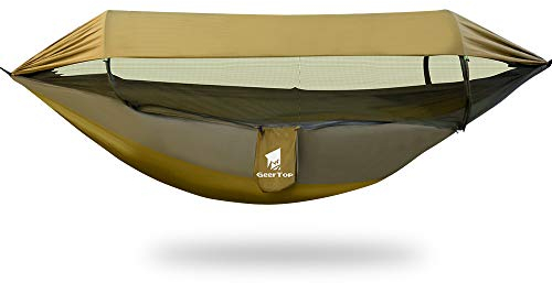 GEERTOP Hamac d'extérieur 3 en 1 avec bâche de Protection Solaire, imperméable et Durable en Nylon avec Filet Anti-moustiques, Double Couchage, équipement de Camping pour randonnée