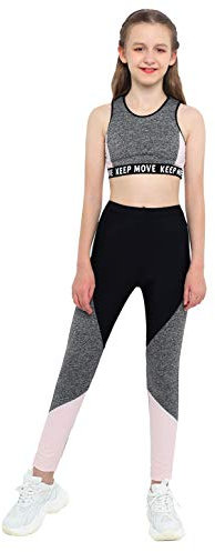 MSemis Teenager Mädchen Sport Kleidung Set Jogginganzug Trainingsanzug Yoga Fitness Crop Top Oberteil mit Leggings Streetwear (Grau+Schwarz, 146-152)