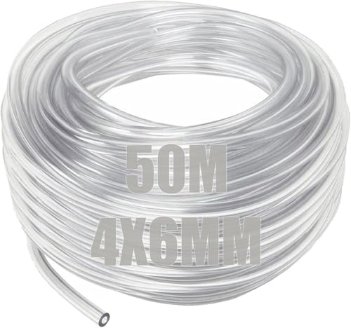 SENENQU 50 Mètres Tuyau Souple Transparent PVC - 4 MM ID × 6 MM OD - Tube Pompe à Air pour Aquarium et Réservoir - Dureté : 60