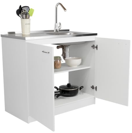 Tuhome Napoles Utility Sink Base Cabinet with Integrated Stainless Steel Countertop, Freestanding Cabinet with Double Doors, Interior Shelf for Laundry Room, Utility Room, Mudroom or Kitchen
