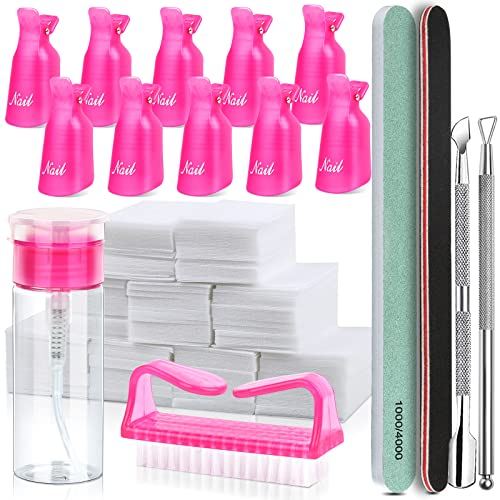 FANDAMEI Nagellackentferner Werkzeuge Set, Nagel Clips Kappen, 500 Stk. Wattepads für Gelnägel, Nagelhautschieber Edelstahl, 2 Stk. Nagelfeile, Nagelbürste, 100ML Leere Pump Spenderflasche Rosarot