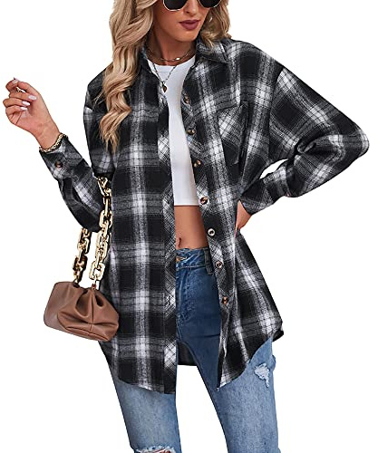 Buliezy Camicia Donna Blusa Quadri Camicia Flanella Manica Lunga Elegante Camicetta Classico Shirt Cotone Giacca Scozzese,Nero,XL