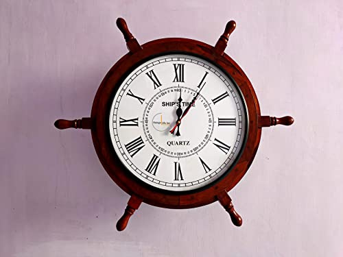 DnU Avenue Handcrafted Wooden Ship Wheel Wall Clock for Home and Office Decor Premium & Natural Wood Crafted | Antique Nautical Decor 24 Clock