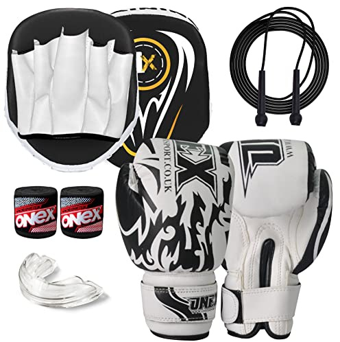 1x Set di guanti e pastiglie da boxe Focus Punch Mitts MMA Training Sparring Hook and Jab Strike Pads per ragazzi e ragazze con guanti da boxe (K Boxing Set Paradenti Wht/Blk)