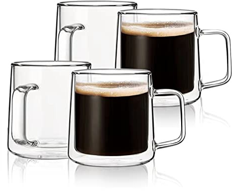 CNGLASS Glasses Coffee Mug with Handle (Set 4 x 300 ml), Double-Walled Latte Macchiato Glasses, Clear Insulated Coffee Cups Glass with Handle for Latte, Cappuccino, Tea Bags