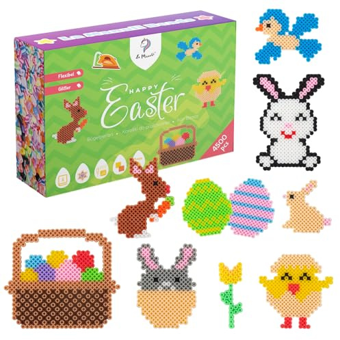 La Manuli Set de Perles à Repasser pour Pâques - 4500 Pièces, 24 Variétés de Couleurs, Motifs de Pâques, Pochoirs, Accessoires Créatifs, Perles Midi de 5mm, Kit de Loisir Créatif pour Enfants