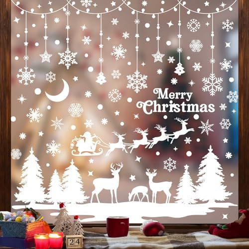 9 Feuilles Aquarelle Décoration Noël Fenêtre Autocollants - Grand-Père Noël, Arbre de Noël, Flocon de Neige