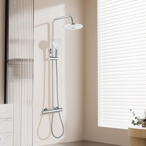 SGUVK Duschsystem mit Thermostat Regendusche mit Armatur, Rund 38 °C Duscharmatur Komplettset 22x22cm Chrom, 3 Strahlarten Handbrause, Höhenverstellbar Verstellbarer Duschstange 73-115cm