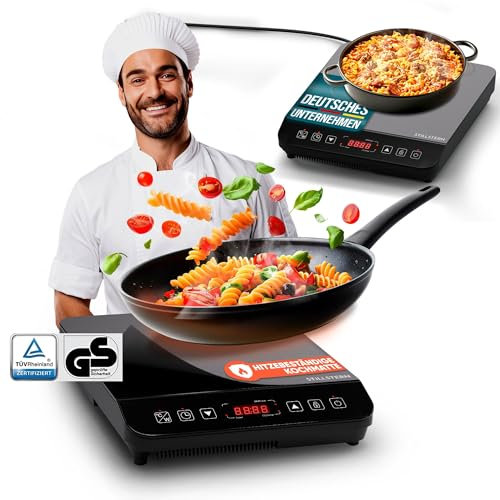 Stillstern Induktionskochplatte 2100W Schwarz, Induktionskochfeld 12-28cm, Booster-Funktion, hitzebeständige Kochmatte, leiser Betrieb, 19 Stufen, 24h Timer, Touch