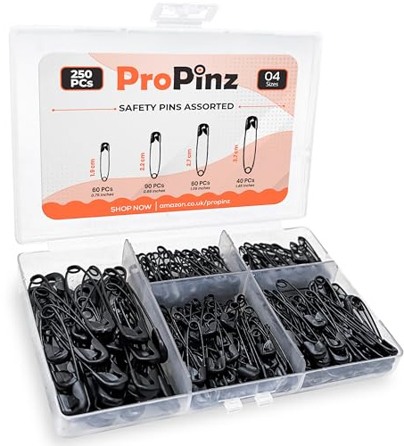 250x Black Safety Pins Assorted Sizes 4- Strong Nickel Plated Steel, Rust Resistant - Ideal for Art & Crafts, DIY, Pinning, Hemming, Dressmaking, Sewing and More (Black, Pack of 250-4 Sizes)