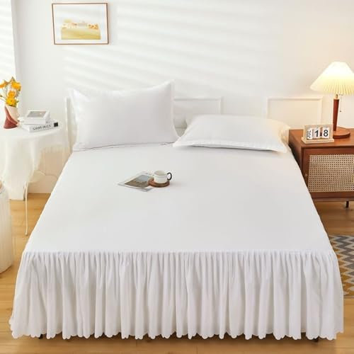 Grewod Bettvolants 200x220cm Bettrock Höhe 45 cm, Bambus Betttuch Weiß Bettlaken Einfarbig Betthusse Bettwäsche