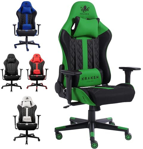 KRAKEN CHAIRS Sedia da gaming in tessuto – nero e verde – Sedia da ufficio – Ergonomica Computer Sedia Gamer – Portata 130 kg – Sedia da gaming – Sedia da gioco – Sedia per PC